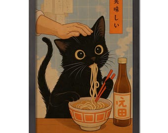 Lámina de anime "El ladrón de gatos fideos", ilustración de ramen japonés, cuadro con marco negro.