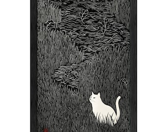 Póster de gato blanco en un arroyo de hierba, grabado en madera y linóleo en blanco y negro sobre naturaleza.