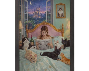 Lámina artística con un toque de fantasía para amantes de los gatos, ilustración de una mujer leyendo con gatos, decoración acogedora para el dormitorio.