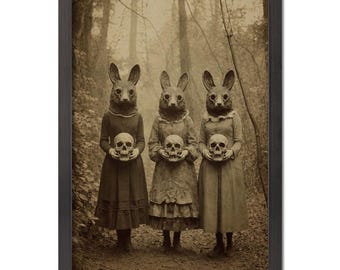 Lámina con figuras de máscaras de conejo vintage, arte mural gótico ocultista de estilo academia oscura.