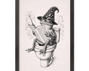 Lámina decorativa retro con diseño de rana en el inodoro / Arte mural original para el baño, lienzo con marco negro.