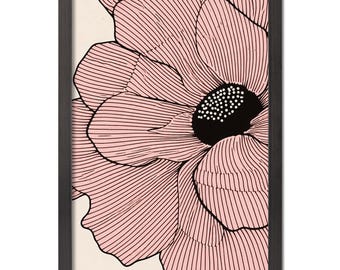 Lámina abstracta de arte floral lineal, póster minimalista de flores rosas, arte mural botánico con marco negro.