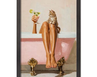 Decoración de baño con copa de martini rosa para bañera / Cóctel de autocuidado femenino (marco negro)