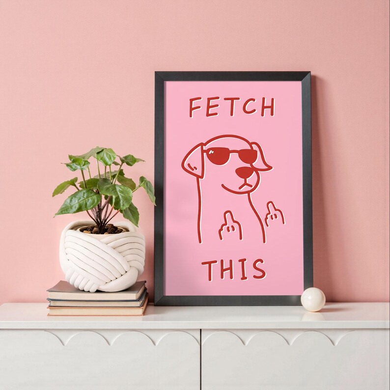 Pink Dog Art Poster | Retro Funny Fetch This Wall Art (Black Framed) image 4