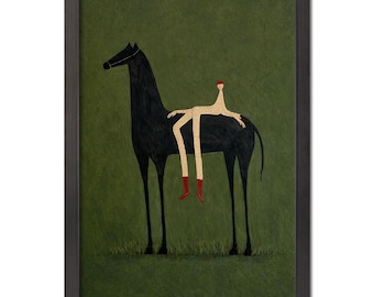 Vintage Abstract Horse Figure Canvas Art, Olive Green Textured Wall, Surrealist Black Framed Painting