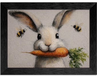 Póster con pintura de conejito de Pascua / Arte de conejo de granja en tonos neutros, marco negro