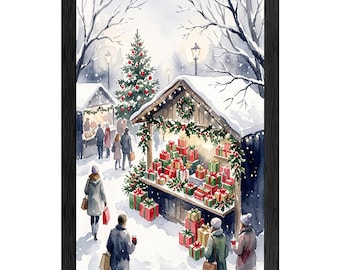 Lámina de acuarela de un mercado navideño, pueblo navideño europeo nevado, obra de arte de un puesto de regalos festivos.