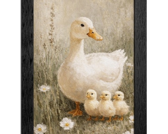Cuadro de una familia de patos / Arte acogedor de una cabaña en un prado primaveral (marco negro)