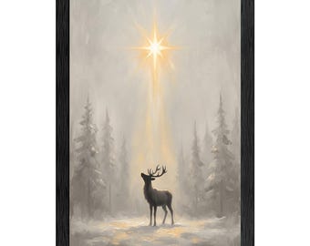 Lámina de pintura al óleo con estrella navideña de ciervo invernal, arte de pared de bosque nevado, decoración del hogar estilo cottagecore