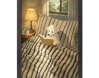 Lámina decorativa con un perro leyendo, ideal para la habitación de un amante de los libros.