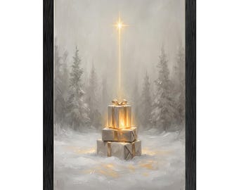 Cuadro decorativo de cajas de regalo navideñas brillantes, pintura al óleo de bosque nevado en tonos suaves.