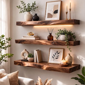 Puede incluir: Tres estantes flotantes horizontales de madera con borde natural montados en la pared, con iluminación integrada. Los estantes contienen varios objetos decorativos, incluyendo arte enmarcado, plantas en macetas, velas, libros y jarrones.