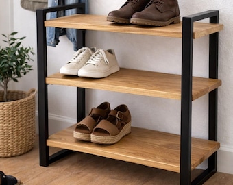 Solid Wood Shoe Rack – Oak or Walnut Entryway Storage Shelf – 3 Tier Modern Shoe Organizer – Rustic Hallway Bench Stand