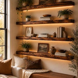 Op de afbeelding: Vier horizontale zwevende planken van donker hout aan de muur, elk voorzien van geïntegreerde warme led-verlichting. De planken bevatten diverse decoratieve items zoals potplanten, ingelijste kunst, keramische kommen en stapels boeken.