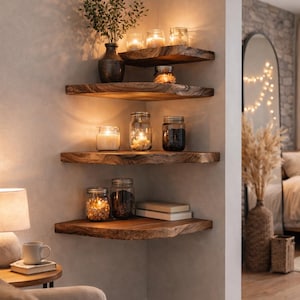 Modern rustic walnut shelves mounted on wall with hidden brackets