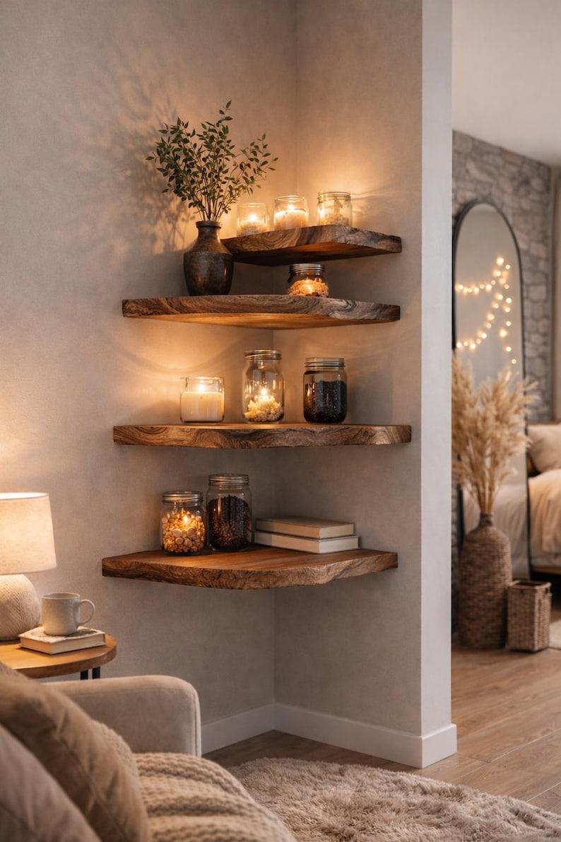 Modern rustic walnut shelves mounted on wall with hidden brackets