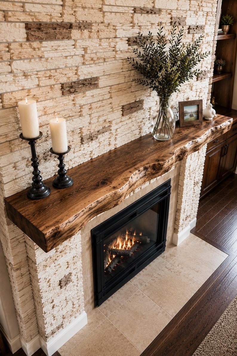 May include: A live edge wooden fireplace mantel mounted above a black framed fireplace insert. The mantel features a natural dark wood grain and irregular front edge, topped with two white pillar candles in black holders and a glass vase.