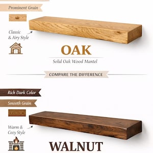 K&ouml;nnte beinhalten: Eine Vergleichsgrafik mit dem Titel OAK vs WALNUT, die zwei Kaminsimse aus Massivholz zeigt. Oben ist ein heller, nat&uuml;rlicher Eichensims mit ausgepr&auml;gter Maserung. Unten ist ein dunkler Walnusssims mit glatter Maserung. Textbeschriftungen erl&auml;utern die Merkmale.