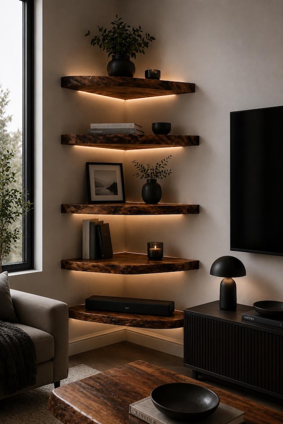 Floating Corner Shelves, Solid Walnut Wall Shelves, Handmade Wooden Corner Shelves, Modern Farmhouse Living Room Decor, Premium Quality USA