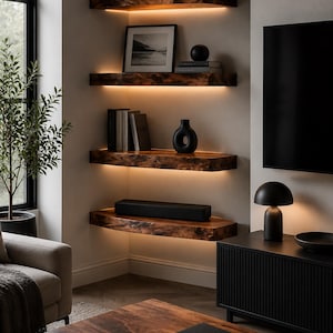 K&ouml;nnte beinhalten: Vier &uuml;bereinander angeordnete Eckwandregale aus dunkelbraunem Holz mit Naturkanten und integrierter warmer LED-Beleuchtung unter den Regalb&ouml;den. Die Regale tragen verschiedene Dekorationsgegenst&auml;nde wie eine schwarze Vase, ein gerahmtes Foto, B&uuml;cher und eine Soundbar.