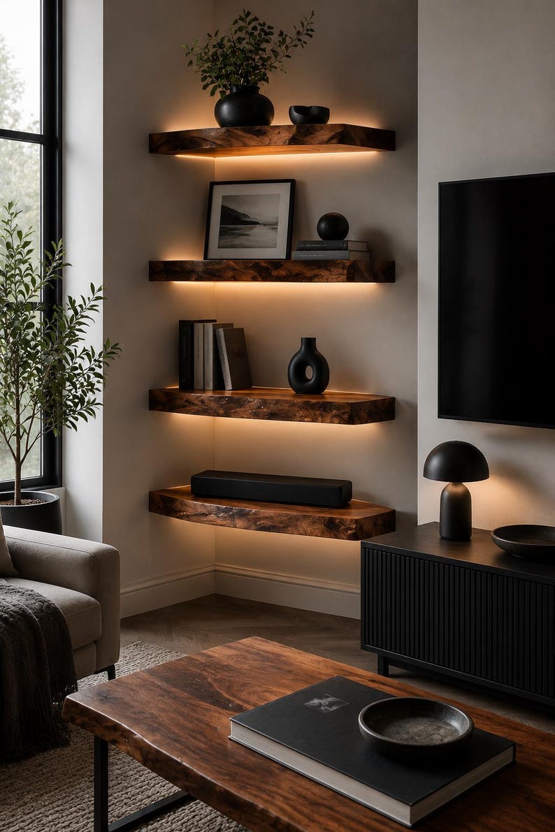 K&ouml;nnte beinhalten: Vier &uuml;bereinander angeordnete Eckwandregale aus dunkelbraunem Holz mit Naturkanten und integrierter warmer LED-Beleuchtung unter den Regalb&ouml;den. Die Regale tragen verschiedene Dekorationsgegenst&auml;nde wie eine schwarze Vase, ein gerahmtes Foto, B&uuml;cher und eine Soundbar.