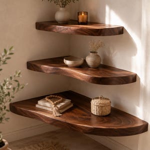 May include: Three tiered corner shelves made of dark brown wood with a natural live edge finish. The shelves are mounted in a corner and hold a white vase with greenery, a candle, a ceramic bowl, a small vase with dried flowers, books, and a woven box.