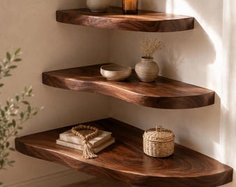 Live Edge Nussbaum Eckregale, Floating-Eckregal-Set, Massivholzregal, rustikale Bauernhausdekoration, Boho-Aufbewahrung