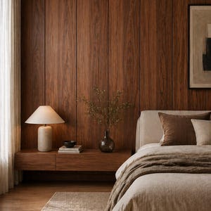 May include: A bedroom interior with a bed dressed in beige linens and brown cushions. A wooden panelled wall and a floating bedside table with a lamp and vase create a warm ambience. A rug covers the floor.