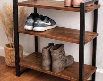 Handcrafted Solid Wood Shoe Rack – Hallway Shoe Storage – Oak Walnut Entryway Storage – 3 Tier Modern Shoe Organizer for Hallway