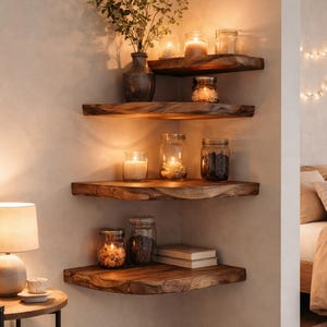 Premium walnut shelves with organic edge and minimalist decor