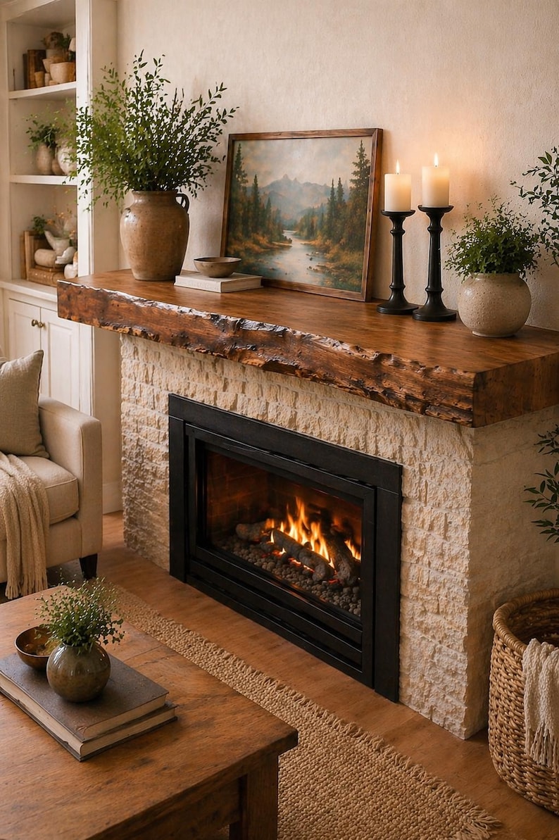 modern rustic fireplace mantel solid wood floating shelf walnut stain