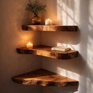 Solid wood live edge shelves with soft lighting modern home decor