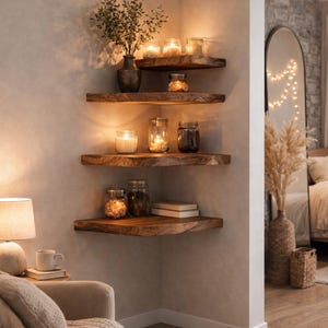 Floating wood shelves styled in boho living room with soft tones