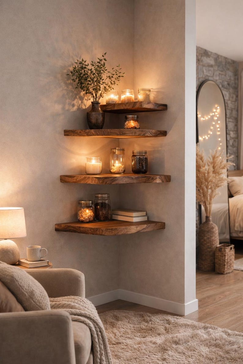 Floating wood shelves styled in boho living room with soft tones