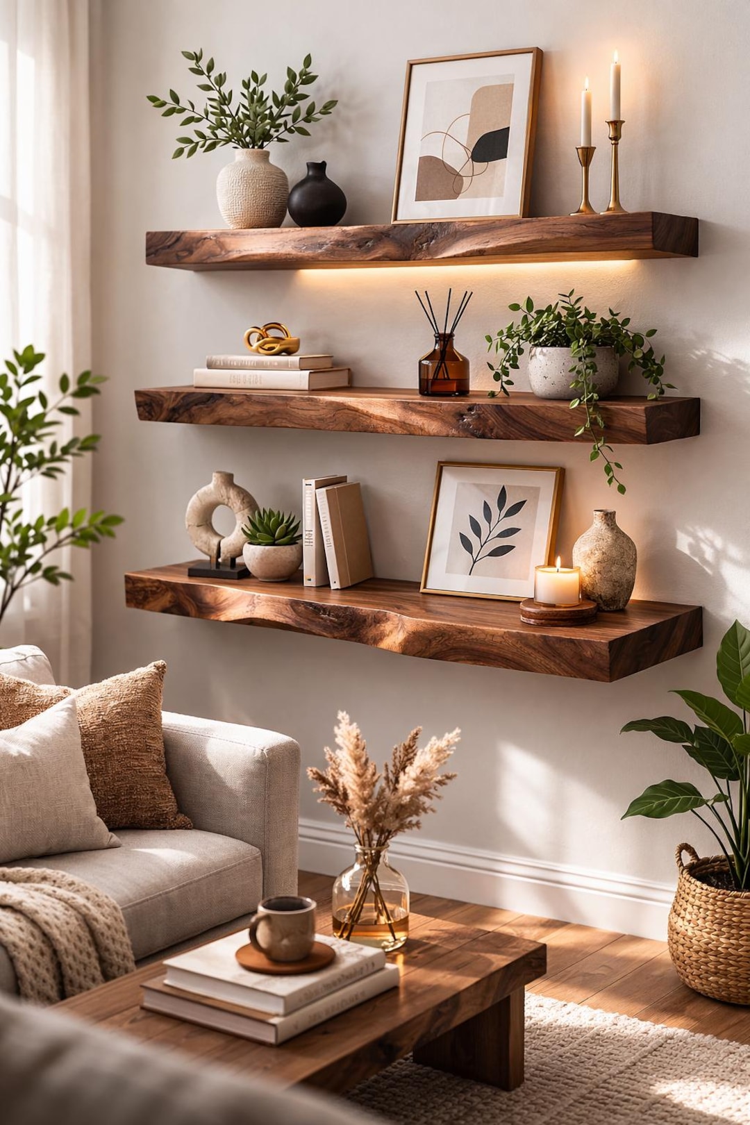 USA Walnut Floating Shelf, Solid Wood Floating Shelves, Live Edge Wall Shelf, Handmade Modern Rustic Wall Decor Shelf with Hidden Bracket