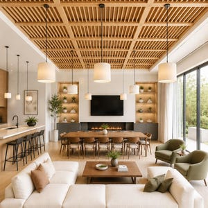 Puede incluir: Un salón moderno con techo de madera clara y lámparas colgantes. La habitación cuenta con un gran sofá seccional, una mesa de comedor con sillas y una chimenea. Dos sillones verdes están colocados cerca de la ventana.