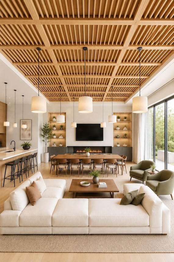 Holzdeckenplatten | abgehängte Lamellendecke | Moderne Architektonische Deckenfunktion | Bürolobby-Deckendekor
