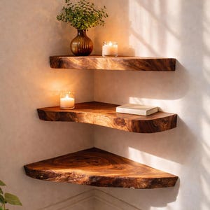 May include: Three wooden corner shelves with a natural edge are mounted on a light-colored wall. The shelves hold a small vase with greenery, a candle, and a book. The wood has a rich, warm tone.