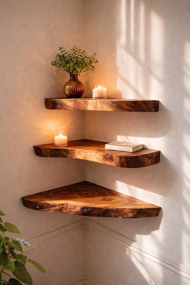 Walnut floating corner shelves styled above fireplace in warm interior