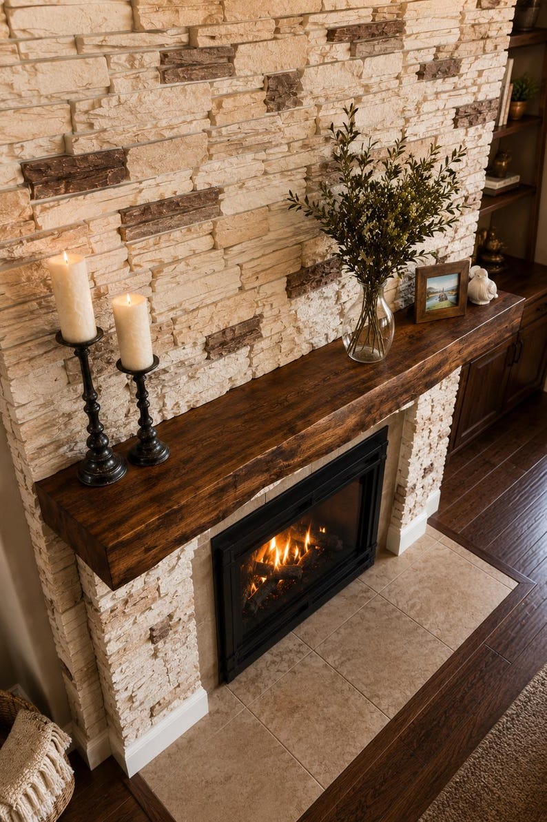 May include: A fireplace with a dark wood mantel, a black metal firebox with visible flames, and a surround made of stacked light-colored stone. Two tall white pillar candles in black holders, a glass vase with greenery, and a small framed picture.