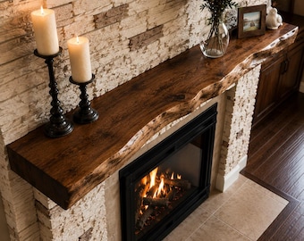 Rustic Alder Fireplace Mantel, Floating Wood Beam Shelf, Walnut Stained Mantel, Solid Wood Fireplace Decor, Custom Made USA