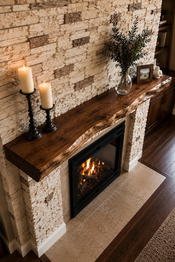 Rustic Alder Fireplace Mantel, Floating Wood Beam Shelf, Walnut Stained Mantel, Solid Wood Fireplace Decor, Custom Made USA