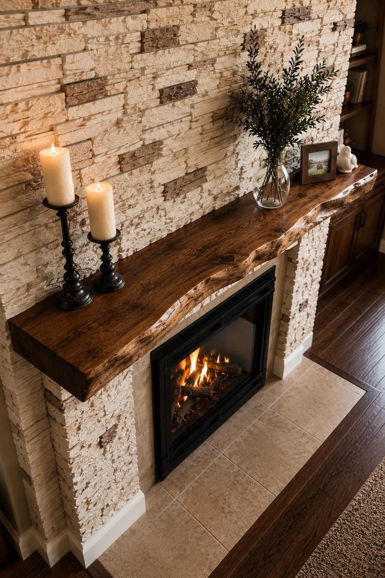 Redwood Fireplace Mantel, Floating Solid Wood Beam Shelf, Custom Length, Depth & Height, Natural or Walnut Stain image 1