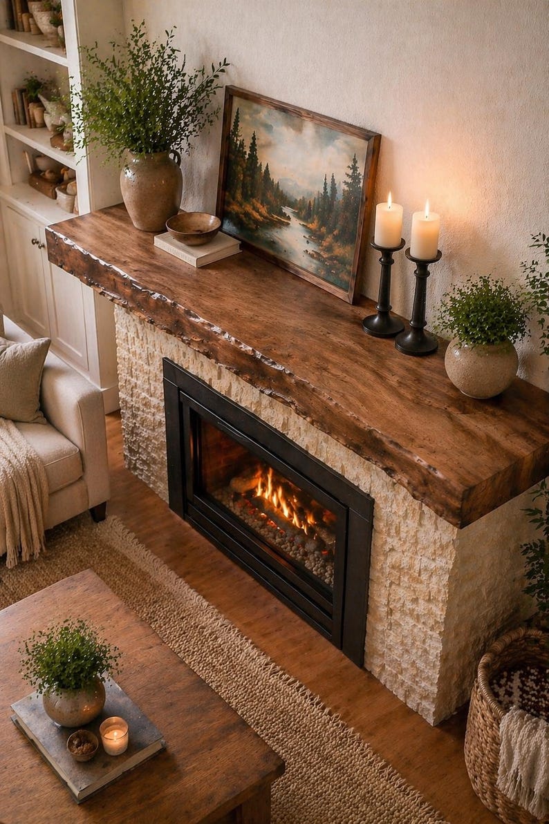 May include: A fireplace with a rough-hewn dark wood mantel, a light-colored stone surround, and a black metal firebox. The mantel holds a landscape painting of a forest, two white pillar candles in black holders, and a ceramic vase with greenery.