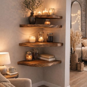Wooden wall shelves with natural grain texture and warm lighting