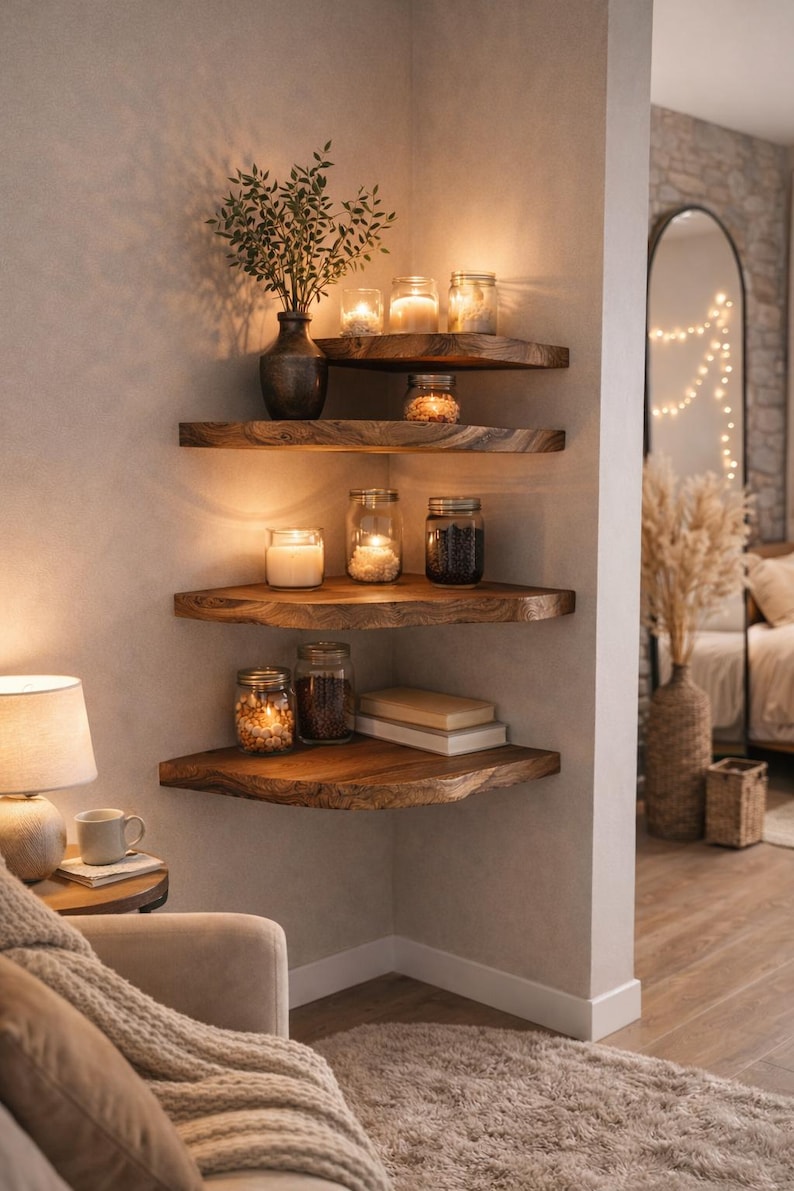 Wooden wall shelves with natural grain texture and warm lighting