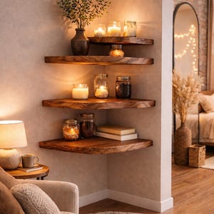 Live edge floating shelves in cozy neutral living room corner