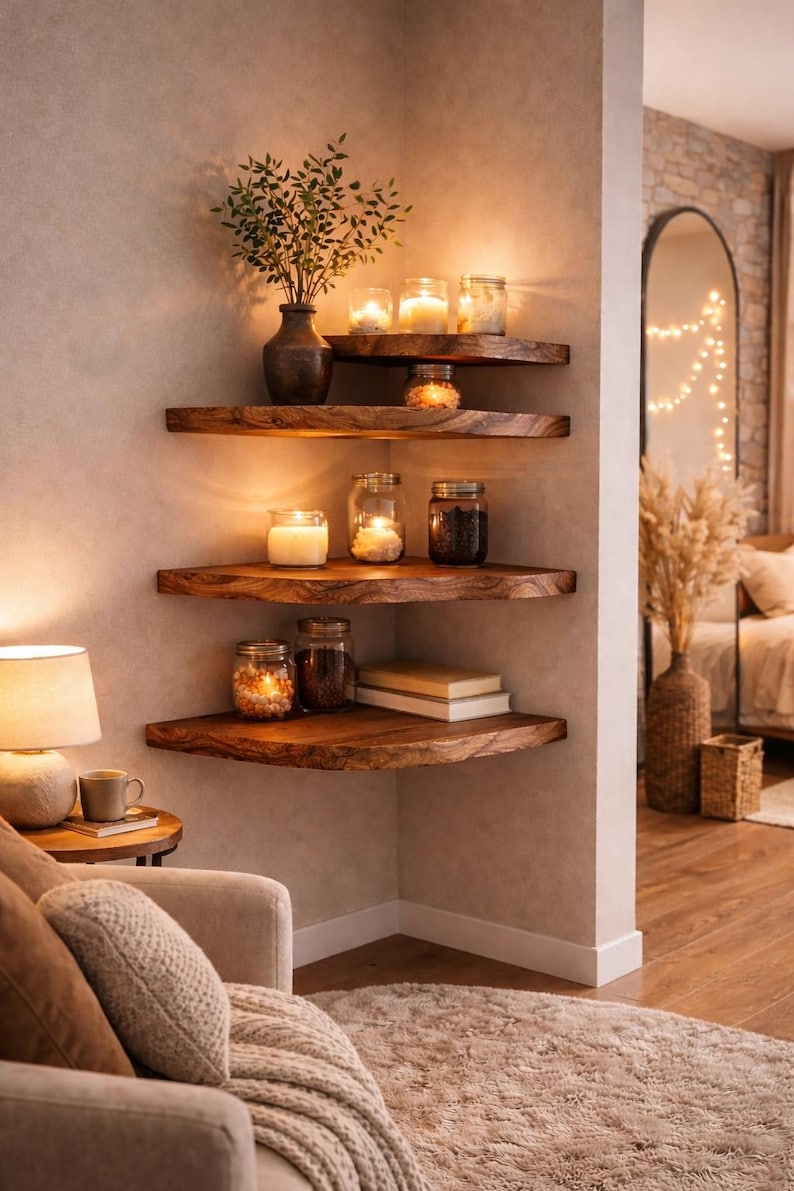 Live edge floating shelves in cozy neutral living room corner