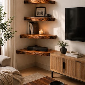 K&ouml;nnte beinhalten: Vier wandmontierte Eckregale aus Naturholz mit Baumkanten. Die Regale sind vertikal in einer Ecke angeordnet und weisen ein dunkelbraunes Finish mit sichtbarer Holzmaserung sowie rauen, strukturierten Kanten an den Vorderseiten auf.