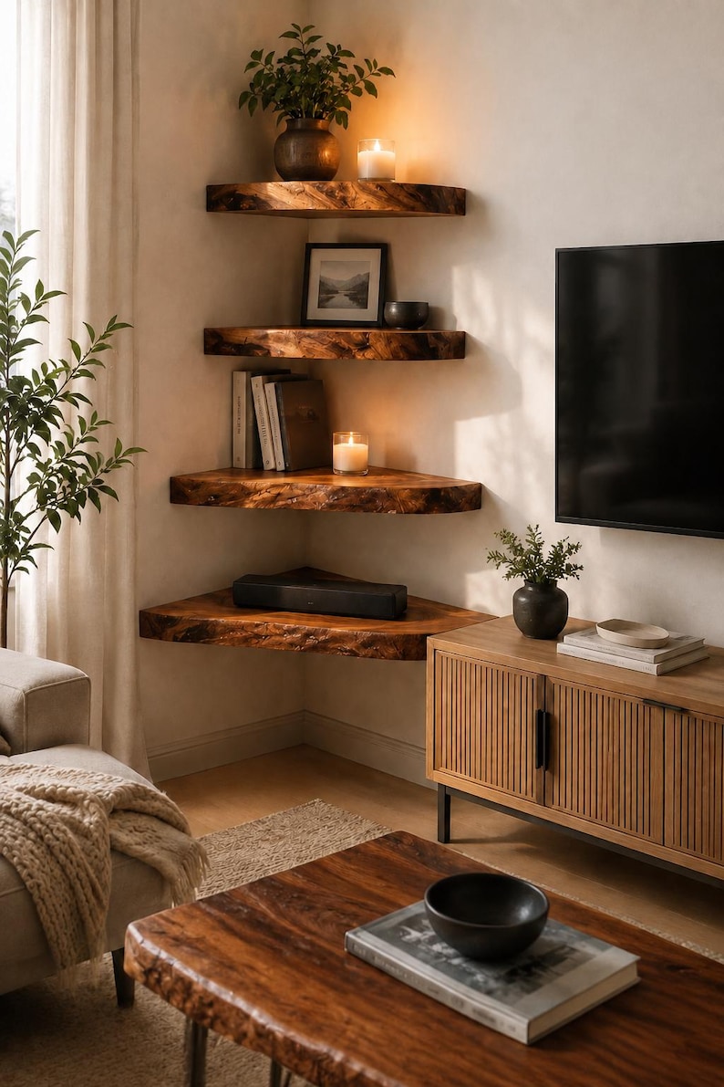 K&ouml;nnte beinhalten: Vier wandmontierte Eckregale aus Naturholz mit Baumkanten. Die Regale sind vertikal in einer Ecke angeordnet und weisen ein dunkelbraunes Finish mit sichtbarer Holzmaserung sowie rauen, strukturierten Kanten an den Vorderseiten auf.